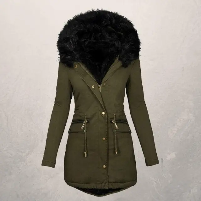 Solid Wool Collar Hooded Medium Length Cotton Padded Jacket Green - Shop at LoveMi