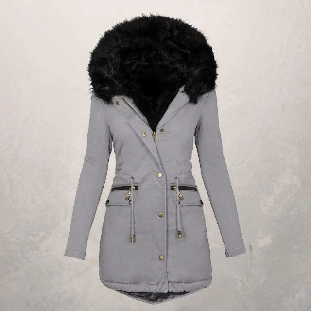 Solid Wool Collar Hooded Medium Length Cotton Padded Jacket Grey - Shop at LoveMi