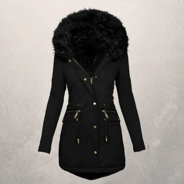 Solid Wool Collar Hooded Medium Length Cotton Padded Jacket Black - Shop at LoveMi