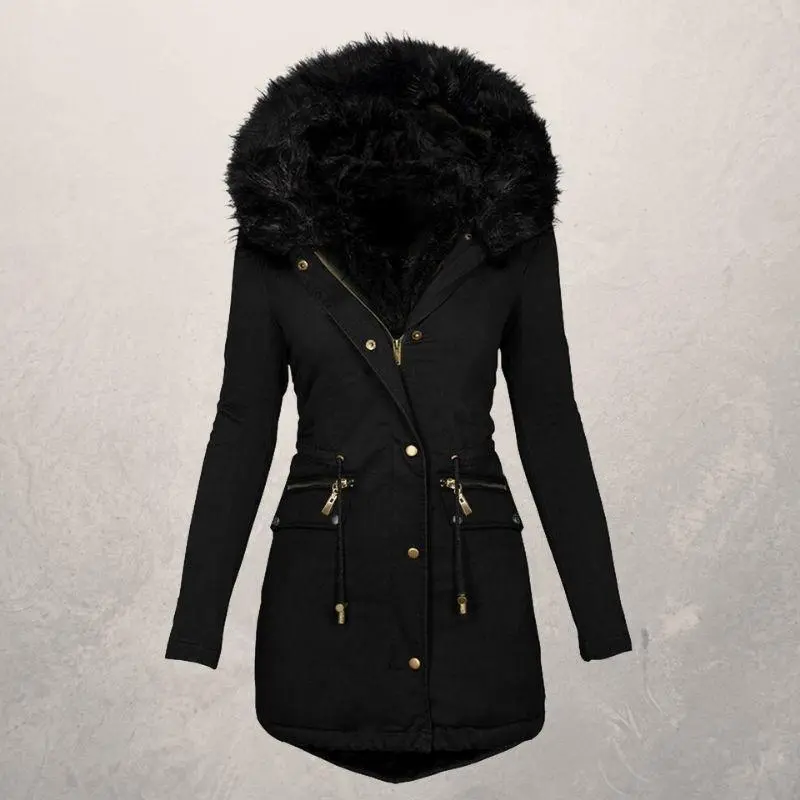 Solid Wool Collar Hooded Medium Length Cotton Padded Jacket - Black