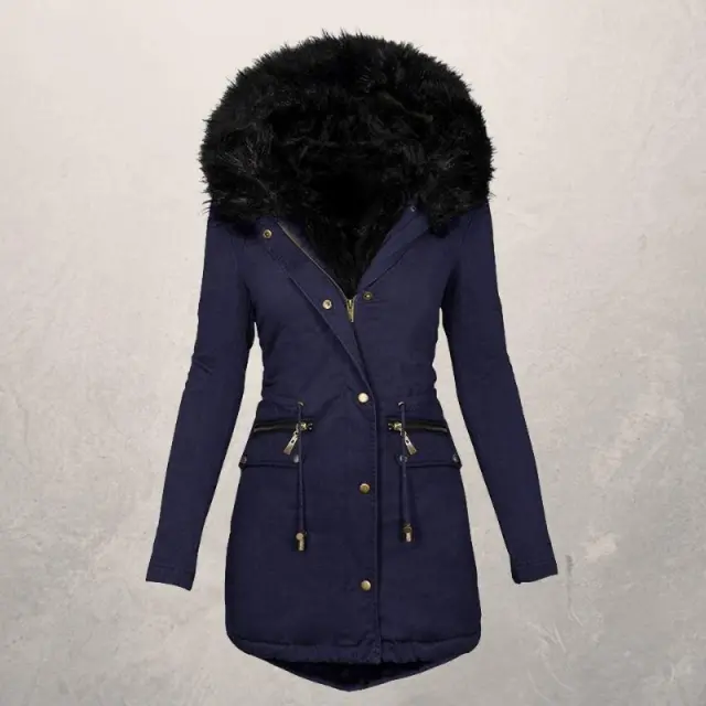 Solid Wool Collar Hooded Medium Length Cotton Padded Jacket Blue - Shop at LoveMi