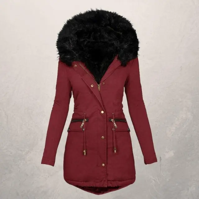 Solid Wool Collar Hooded Medium Length Cotton Padded Jacket Red - Shop at LoveMi