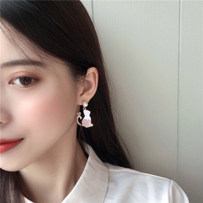 S925 Silver Needle Cute Cat Asymmetric Balloon Earrings Earrings Pearl Tassel Earrings Female