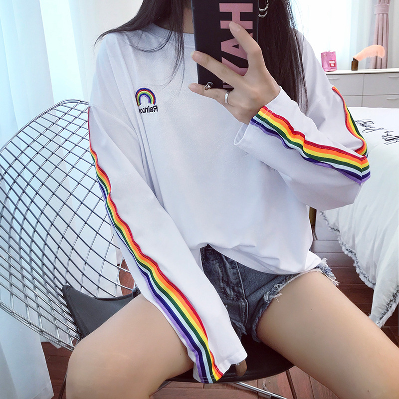 Korean Style Rainbow Solid Striped Long-Sleeved T-Shirt