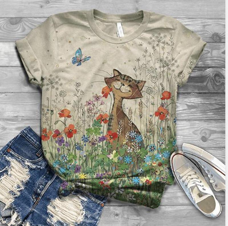EBay Summer Fashion Retro Cat Print Round Neck Short Sleeve