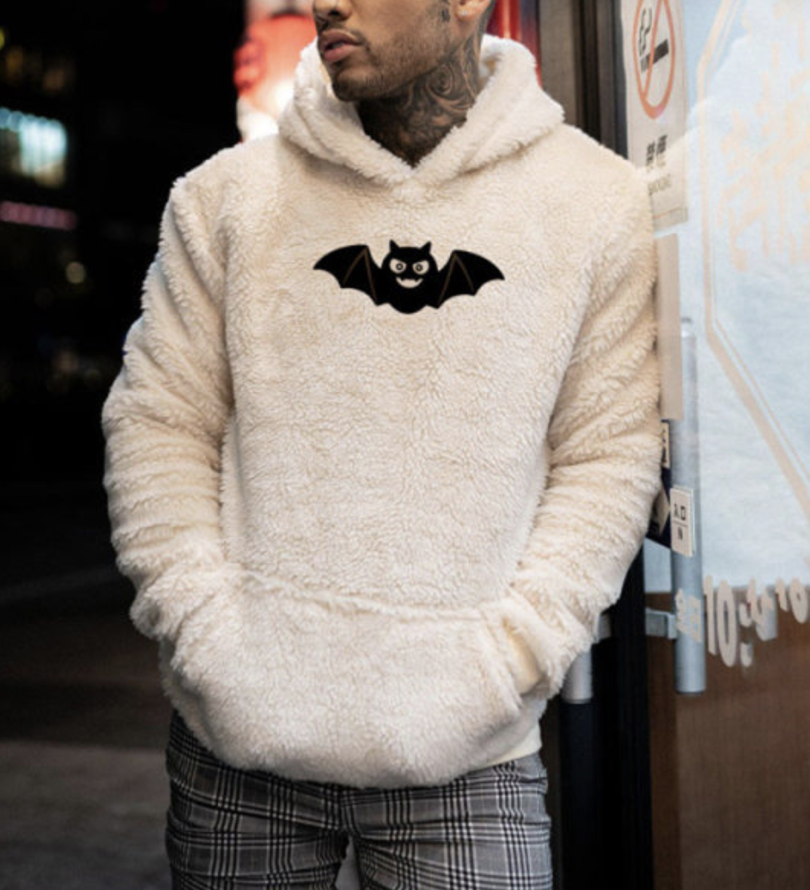 Men's Solid Color Bat Print Plush Hooded Sweater