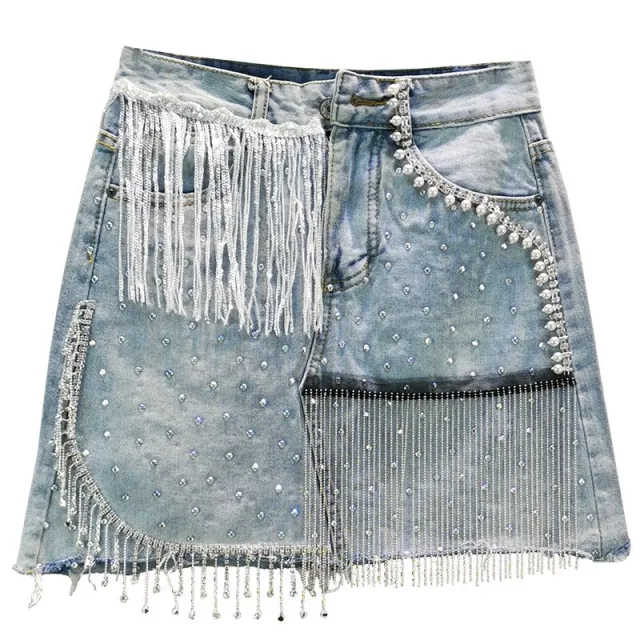 Denim High Waist Heavy Industry Rhinestone Fringed A Line Skirt Light Blue - Shop at LoveMi