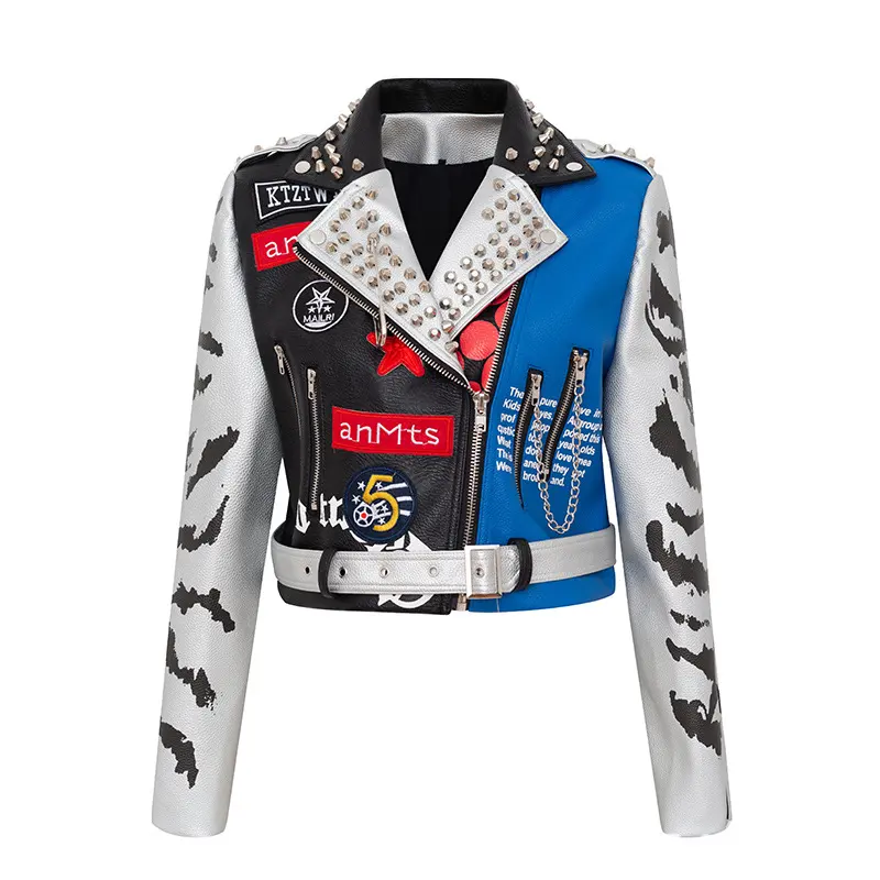 Graffiti Print Coat Short Slim Leather Motorcycle Jacket