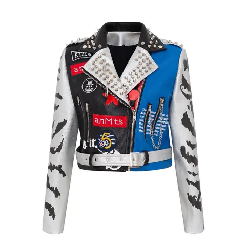 Graffiti Print Coat Short Slim Leather Motorcycle Jacket