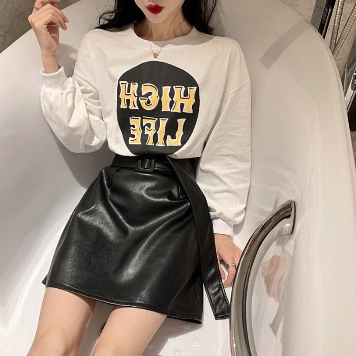 Printed Long Sleeve T-Shirt High Waist Skirt Suit