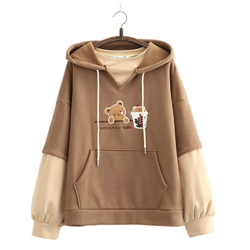 College Style Embroidery Milk Tea Bear Cashmere Sweater