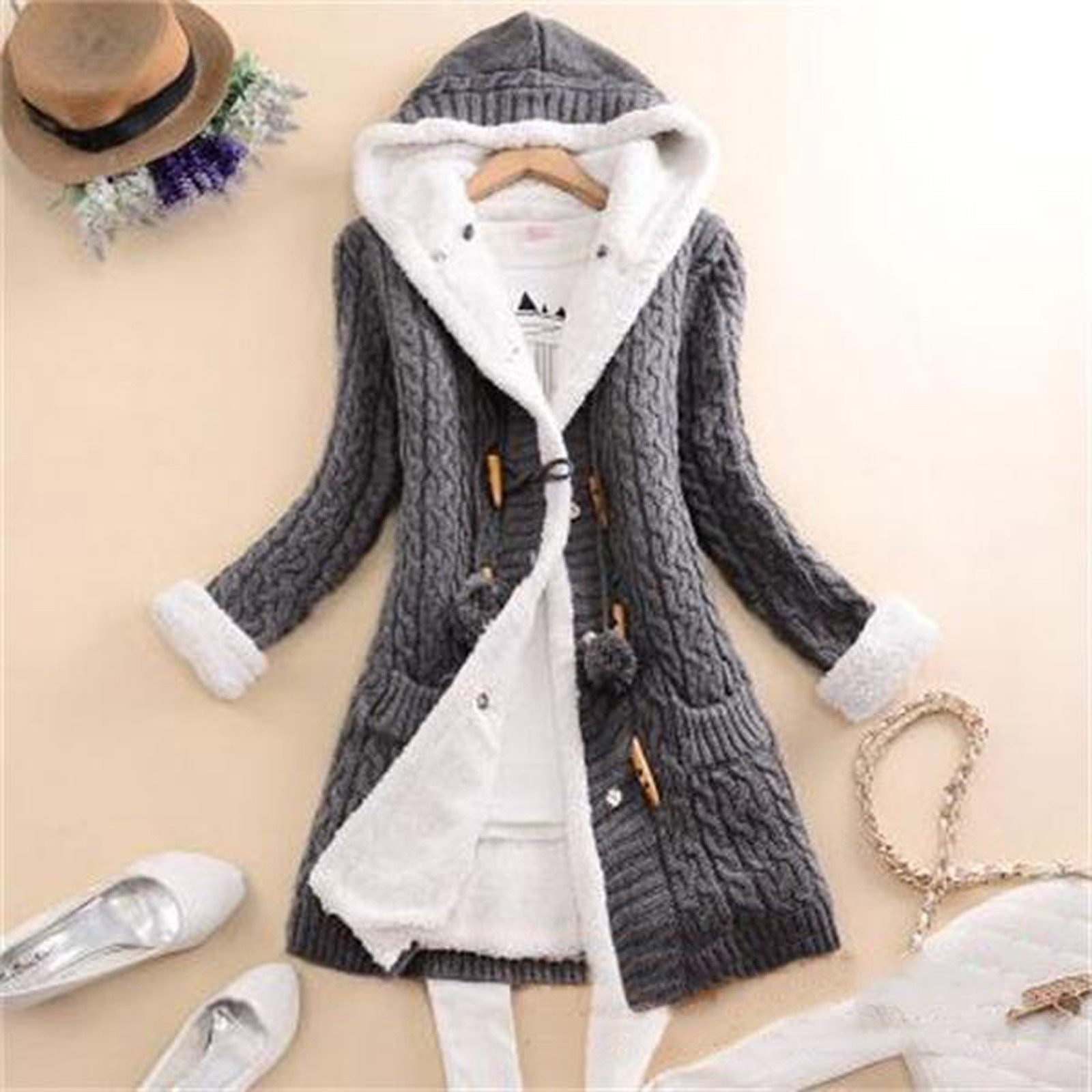 Women's Clothing With Warm Plush Cardigan Horn Button Grey - Shop at LoveMi