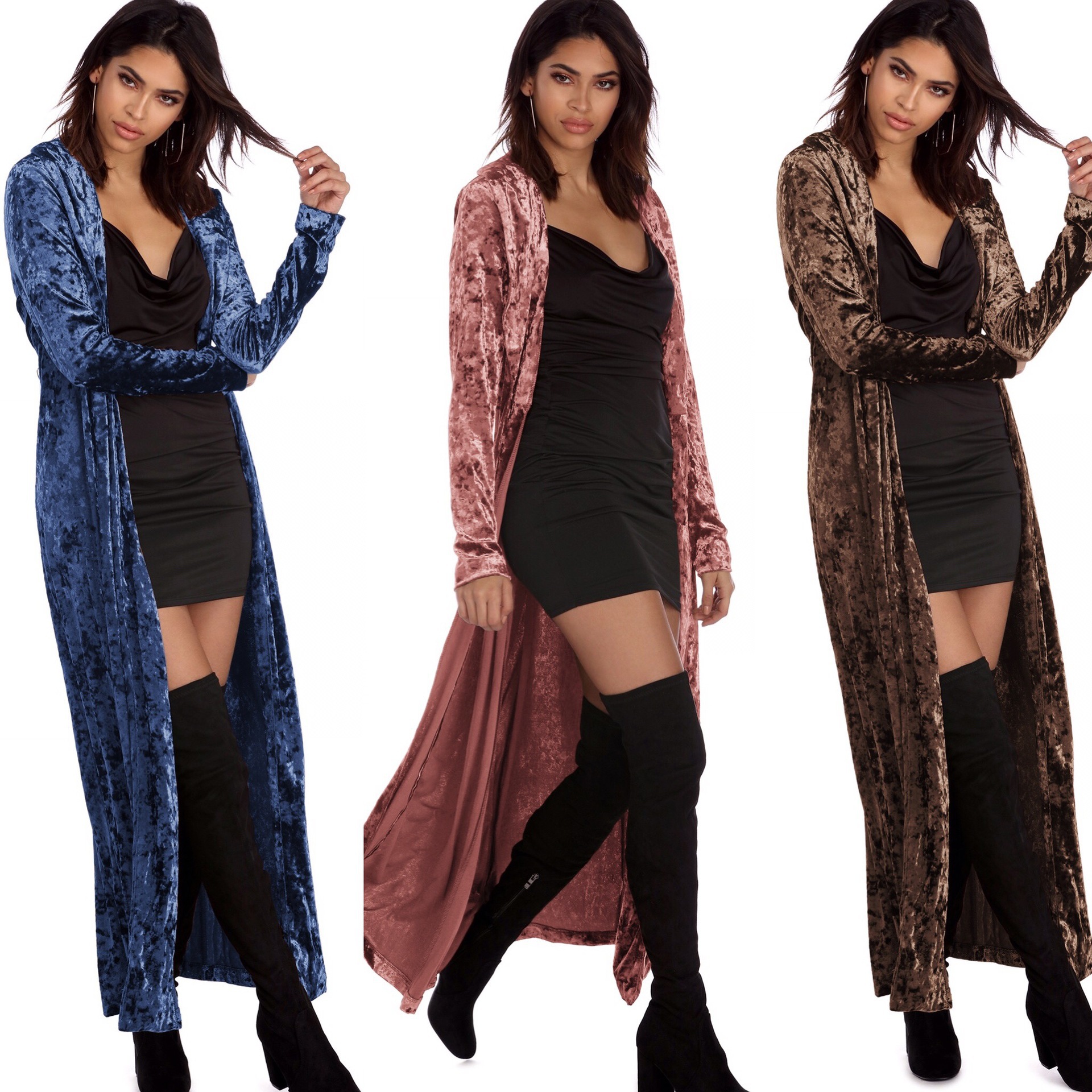 Long Sleeve Velvet Cardigan Windbreaker Long Coat Lady