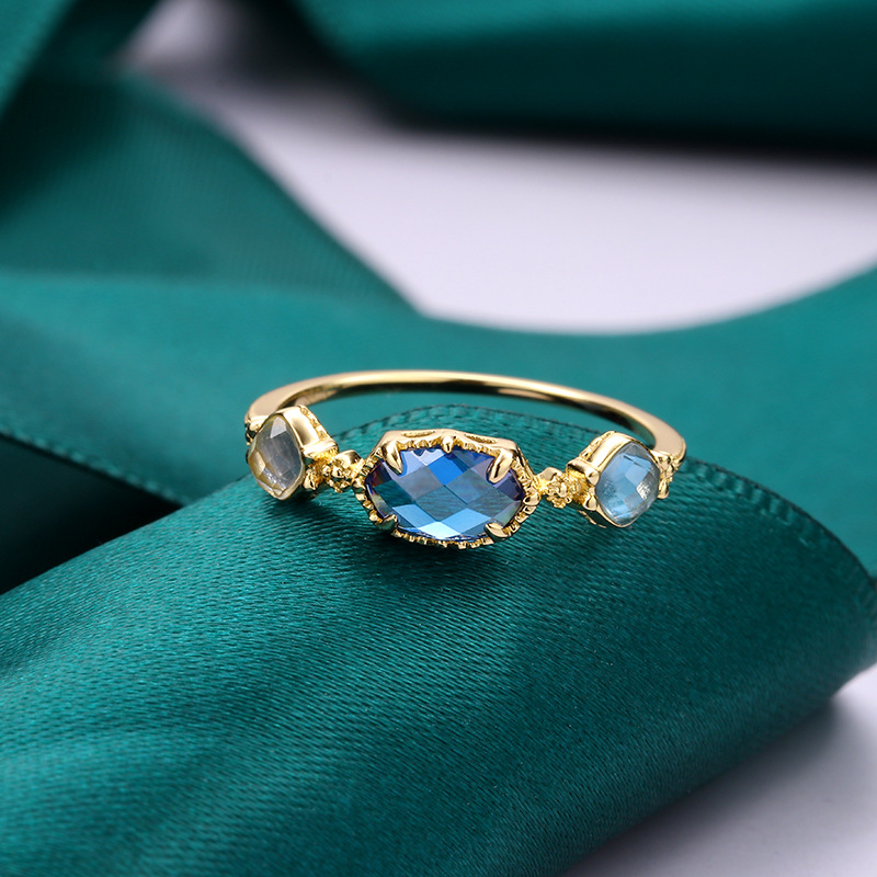 New S925 Silver Sapphire Blue Zircon Natural Topaz Ring