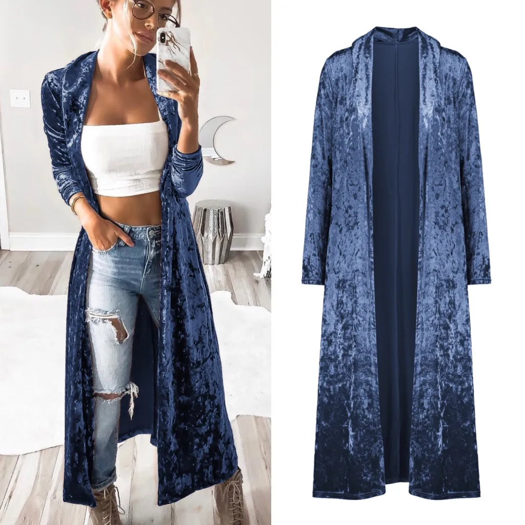 Long Sleeve Velvet Cardigan Windbreaker Long Coat Lady - Blue