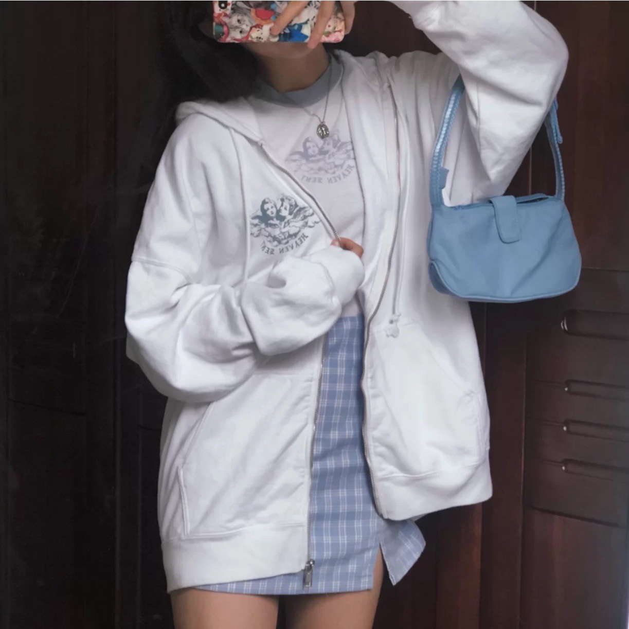 Women's Long Sleeve Loose Angel Print Zipper Hooded Sweater