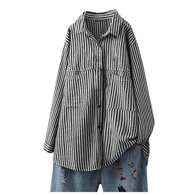 Striped Long-sleeved Single-breasted Cardigan Long-sleeved Urban Casual Red Cotton Lapel Top