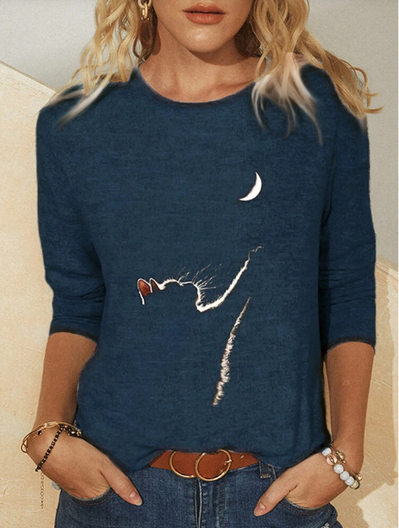 Cat Print Long-Sleeved Round-Neck Loose-Fitting Women's T-shirt