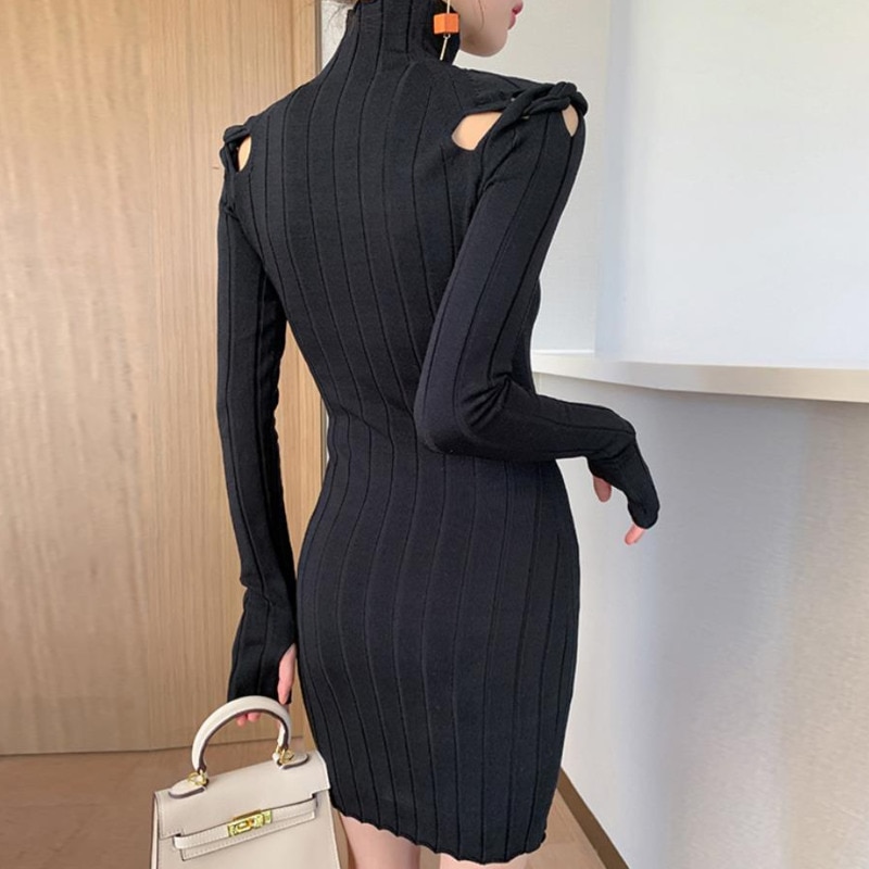 Half-high Collar Chest Wispy Design Long Sleeve Knit Dress