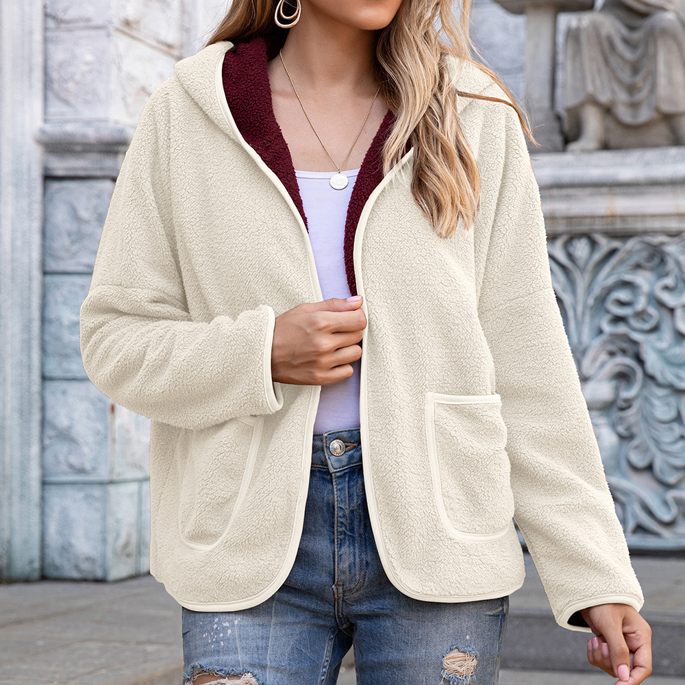 Foam Casual Hooded Sweater Plush Top Color Matching Coat