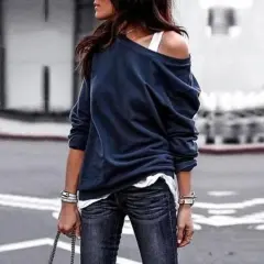 Fashion Round Neck Long Sleeve Blouse - Blue - View 1