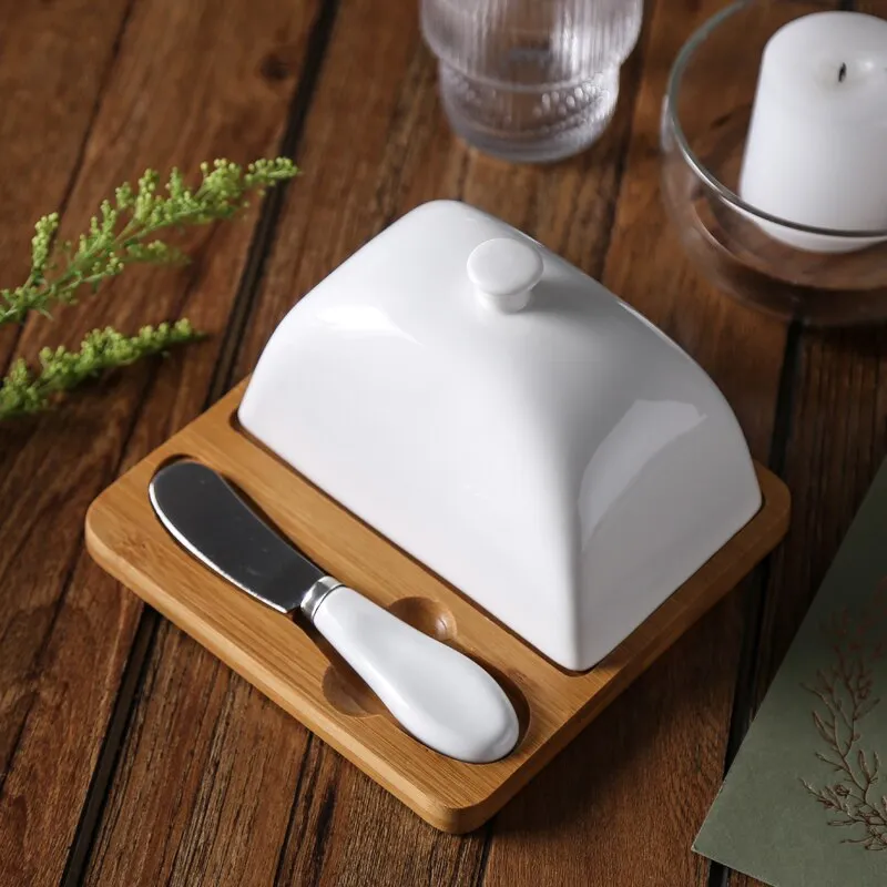 Simple Rectangle Ceramic Butter Dish With Lid Set - White