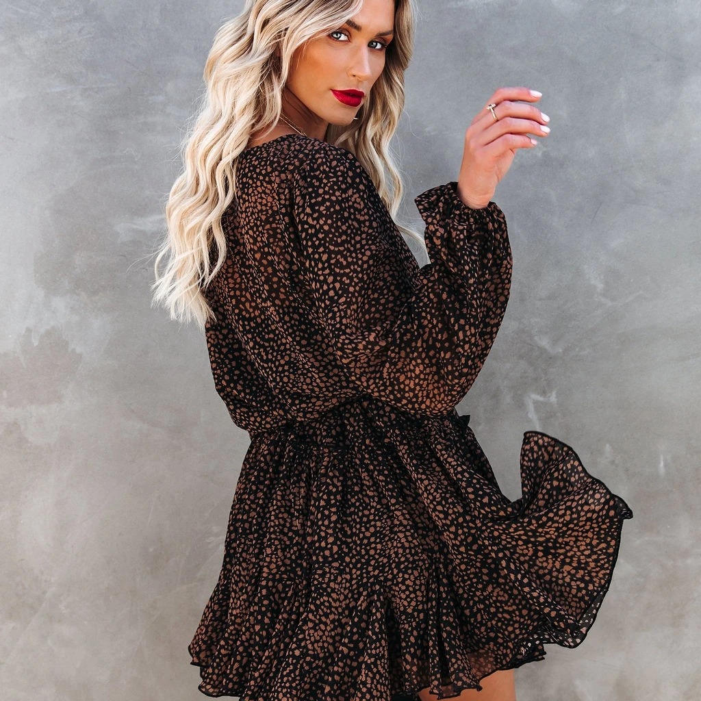 Women's New Leopard Round Neck Long Sleeve Ruffle Skirt Dress