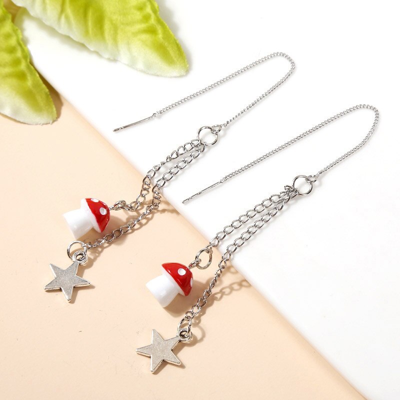 Long Resin Mushroom Star Earrings Geometric Chain Ear Line Jewelry