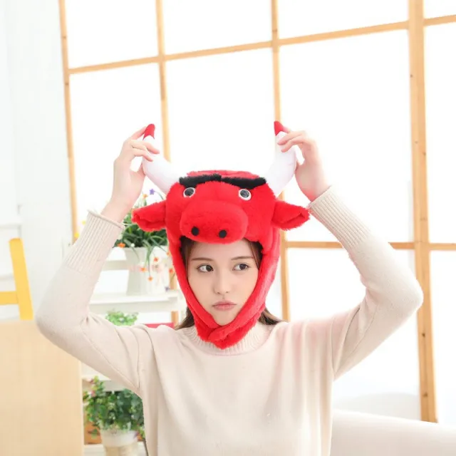 Red Ox Head Cap Photo Prop Cartoon Head Cap Plush Red - Shop at LoveMi