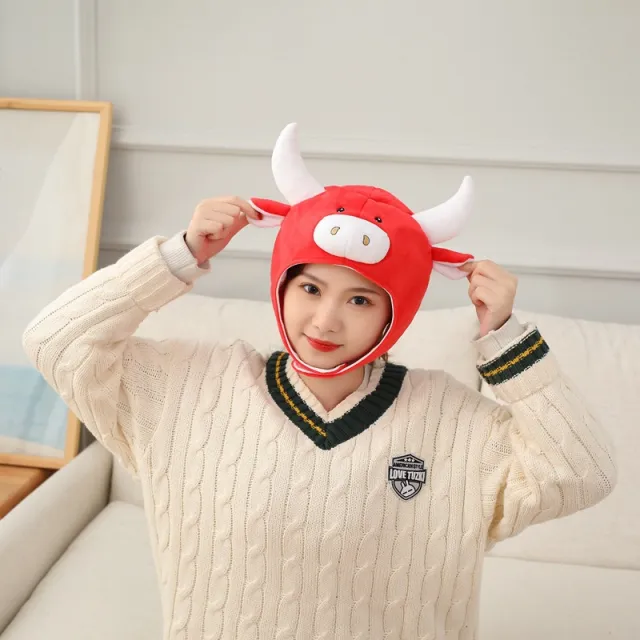Color Cattle Hat Plush Head Cover Photo Cartoon Head Cover Red - Shop at LoveMi