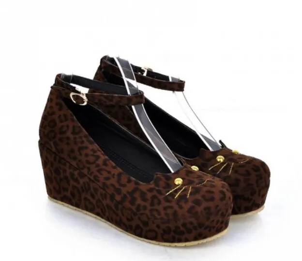 Cat Head Leopard Print Wedge Single Shoes Women Platform Platform Shoes Leopard - Shop at LoveMi