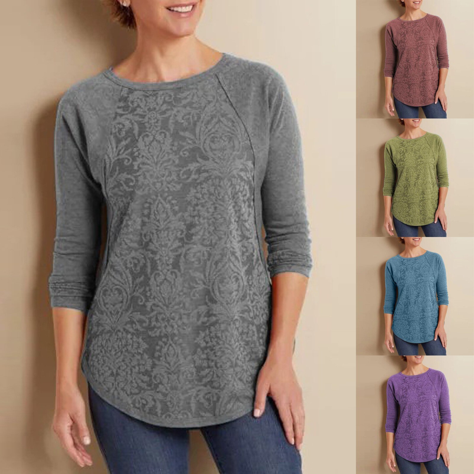 Printed Round Neck Long Sleeve Stitching T-Shirt