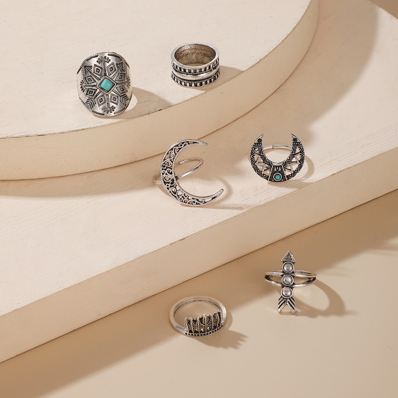 مجموعة 6 قطع من خواتم بتصميم التميمة الرجعية: ورقة، قمر، وسهم