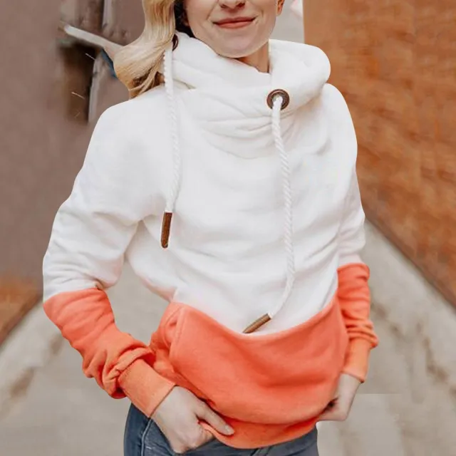 Color Matching Long Sleeve Hooded Drawstring Sweater Women's Wear Orange - Shop at LoveMi
