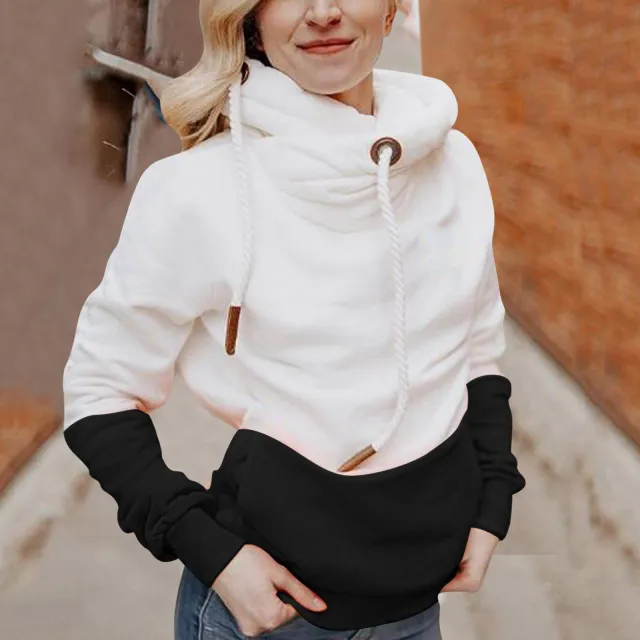 Color Matching Long Sleeve Hooded Drawstring Sweater Women's Wear Black - Shop at LoveMi