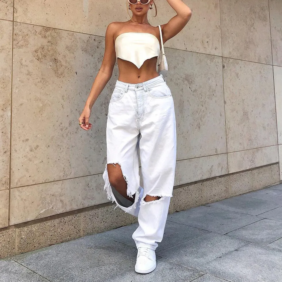 Women's Europe And America Big Hole White Jeans Lady - White