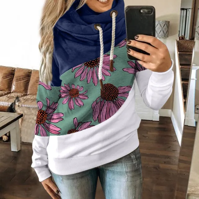 Ladies Stitching Contrast Drawstring Fleece Sweater Blue - Shop at LoveMi