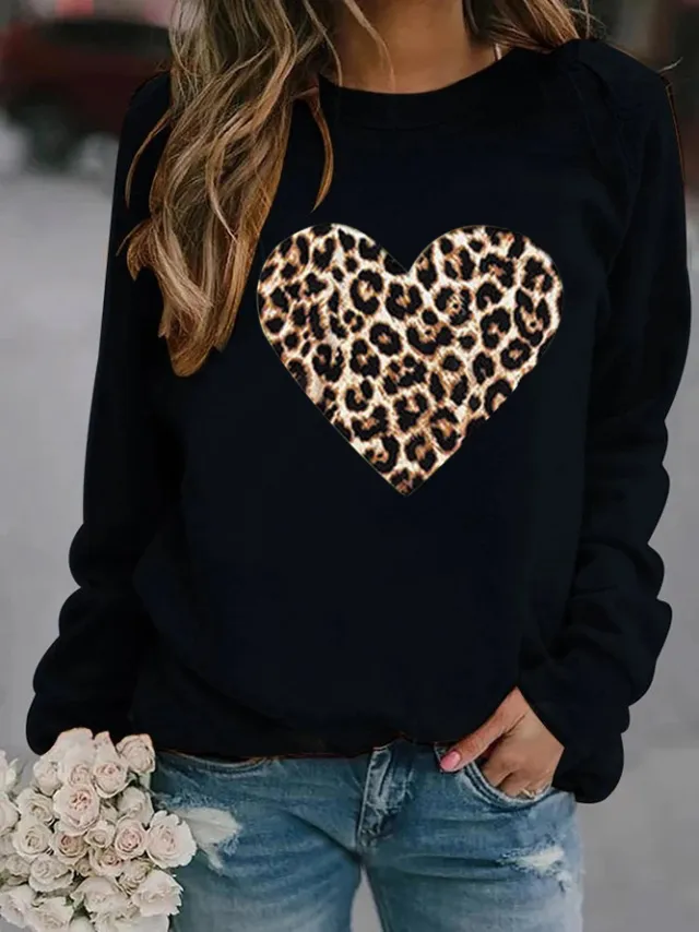 Leopard Love Printed Hoodless Plush Long Sleeve Sweater Black - Shop at LoveMi