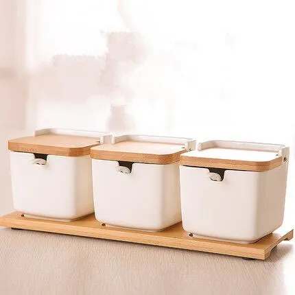 Creative Bamboo And Wood Clamshell Ceramic Seasoning Jar - White