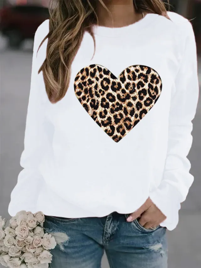 Leopard Love Printed Hoodless Plush Long Sleeve Sweater White - Shop at LoveMi