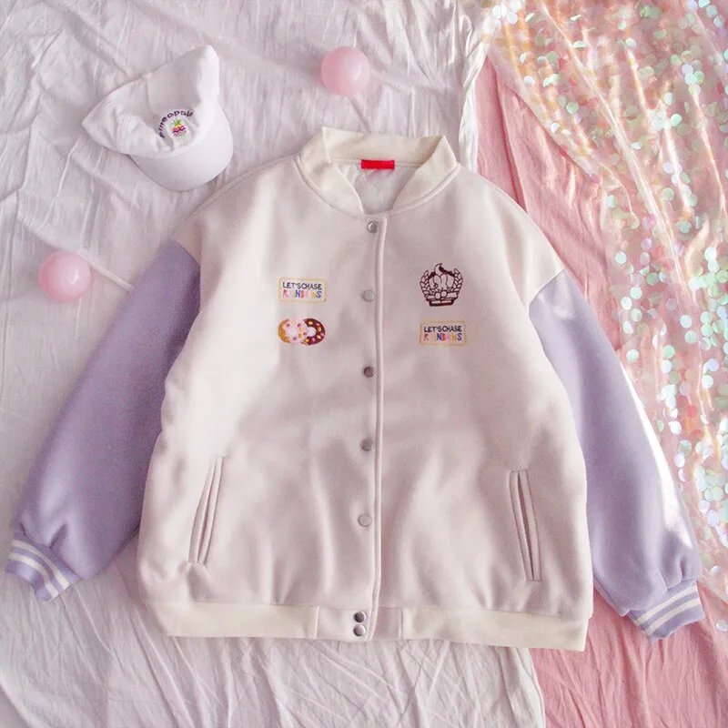 Autumn And Winter Cute And Sweet Student Casual Bear Embroidery Thick Coat Women - Purple