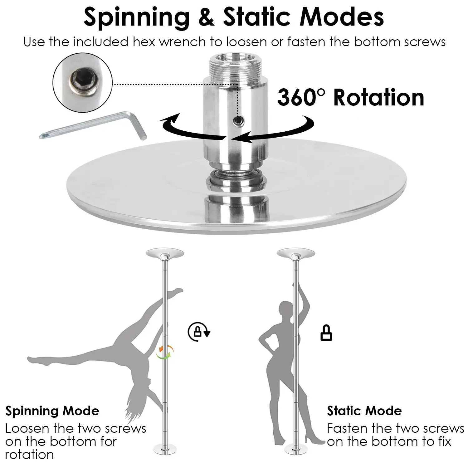 1Pc Stripper Dance Pole 45mm Spinning Static Dancing Pole With 88-108.1in Adjustable Height 551LBS Weight Capacity For Fitness Exercise Party Home Club Gym