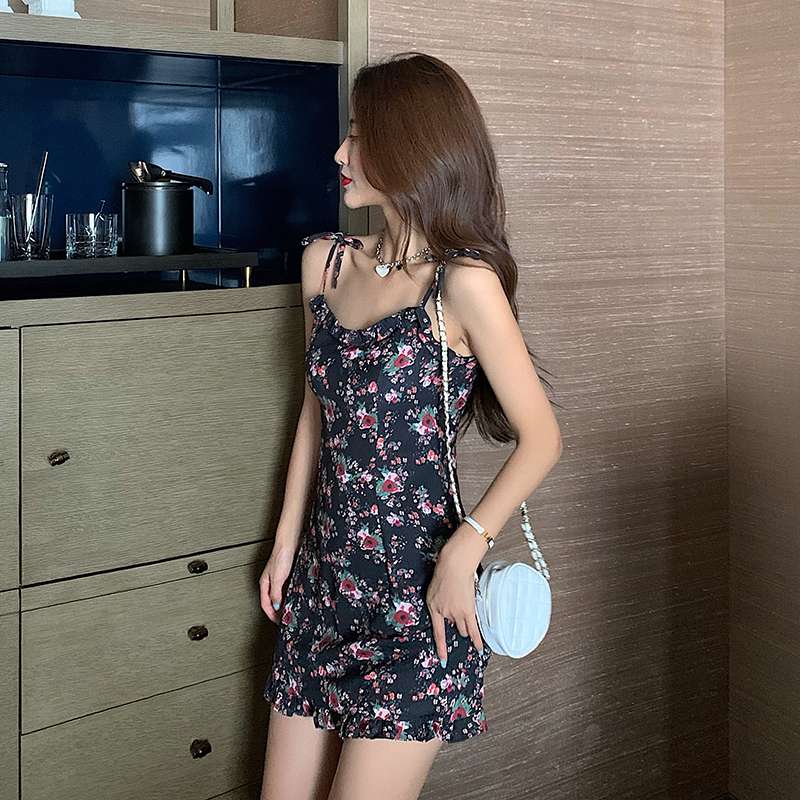 Retro Floral Sling Halter Slim Slimming Dress