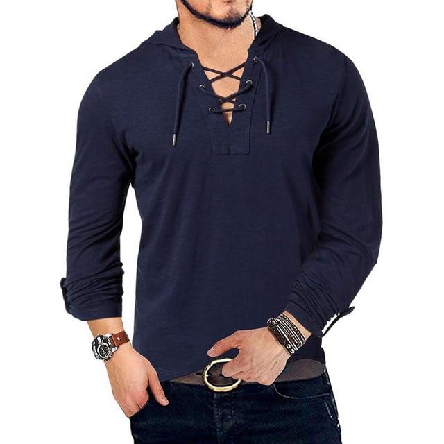 New Fashion Men's Hooded Tee Long Sleeve Cotton Henley