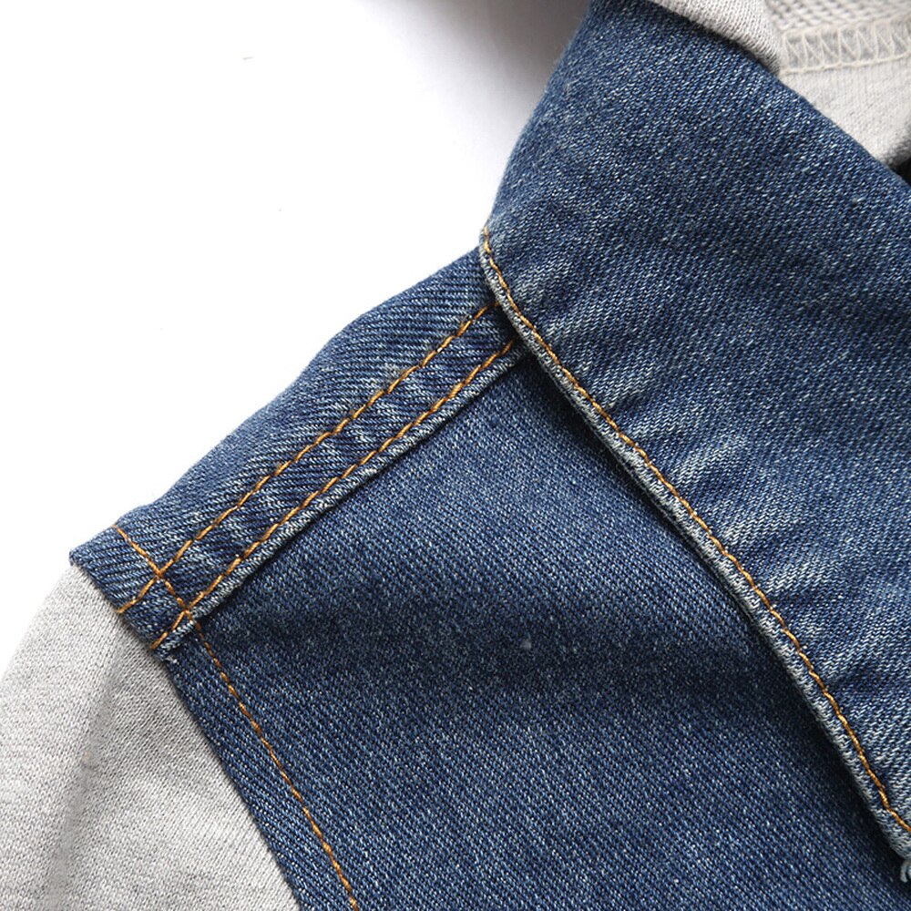 Hooded Men's Denim Spliced Sleeve Jacket