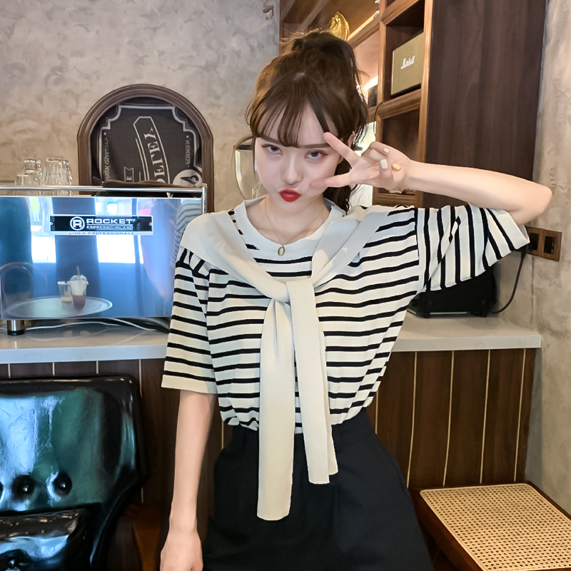 Stitching Shawl Stripe Student Short Sleeve