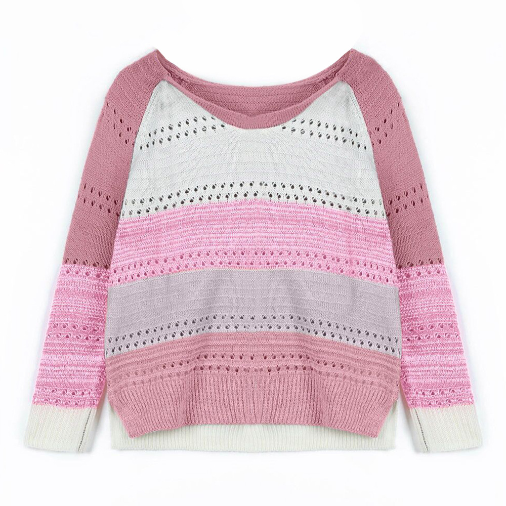 Women's Long Sleeve Pullover Color Matching Wool Top