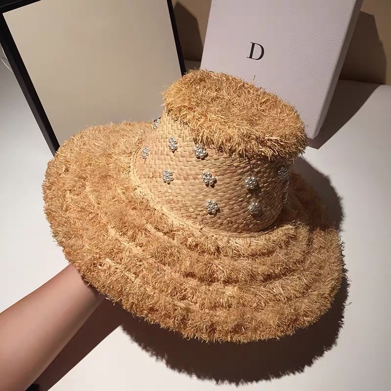 Summer Raffia Straw Hat Hand-stitched Pearl Hat