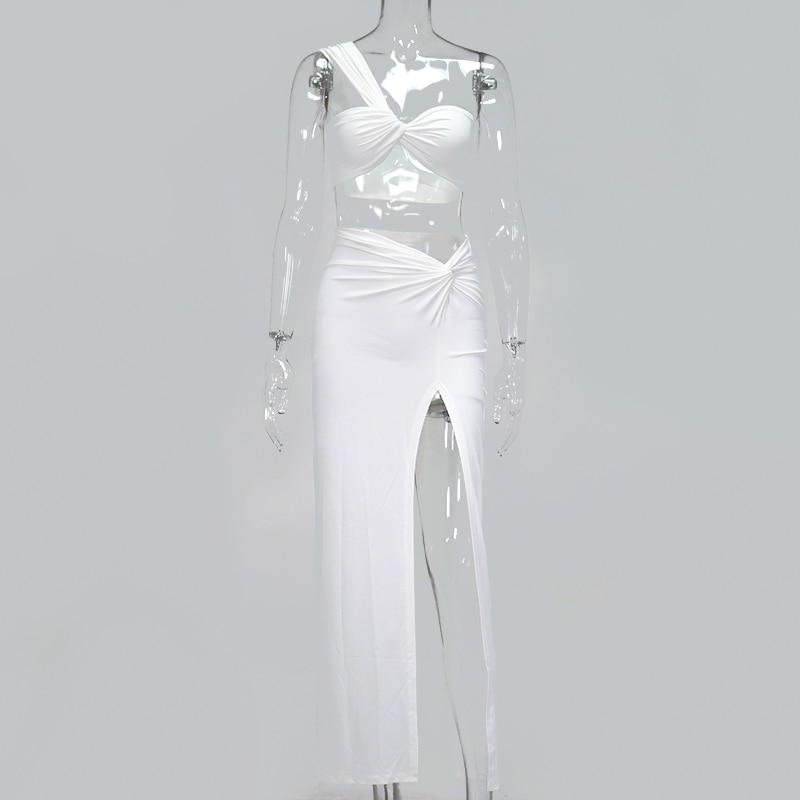 Temperament Elastic Tube Top Irregular Top + Twisted Slit High Waist Skirt Suit Y