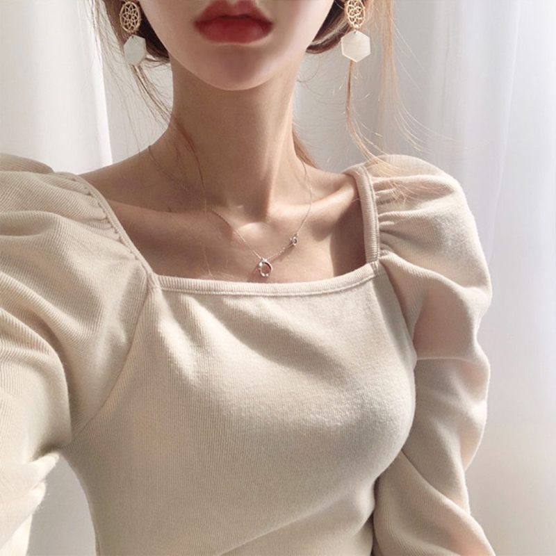 Western Style Square Neck Puff Sleeve Short Sweater